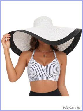 Oversized Straw Sun Hat Wide Brim UV Protection Foldable Beach Hat UPF 50+